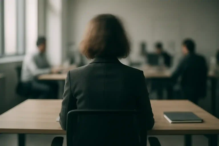 Imagem de uma mulher em um ambiente corporativo de costas para a tela, sua cabeça está borrada e o fundo levemente desfocado, demonstrando a sensação de uma pessoa com burnout. para ilustrar o texto de psicoterapia para luto